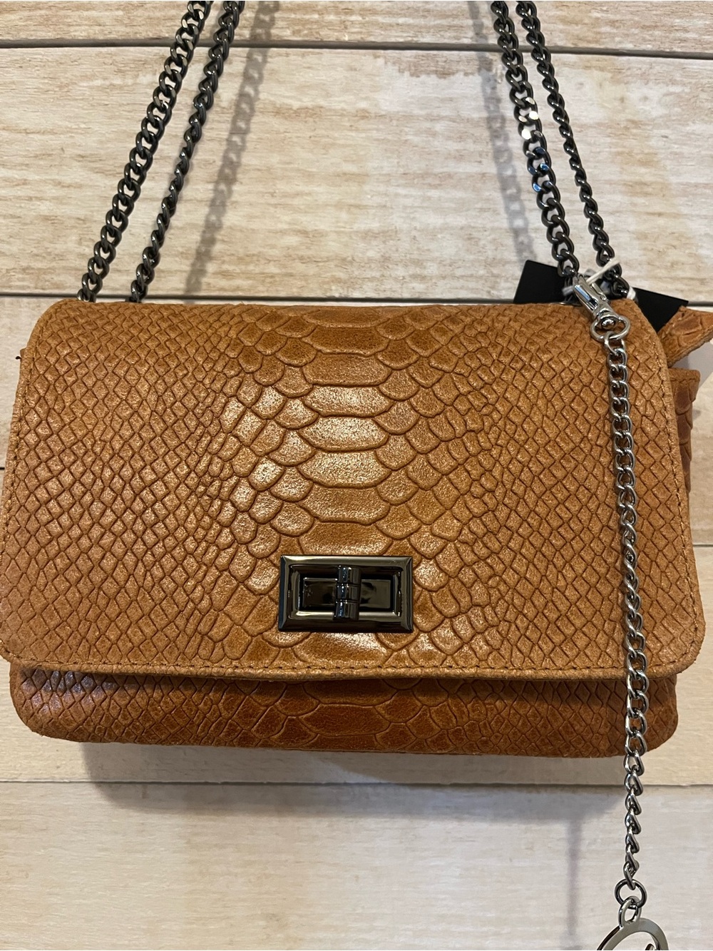 MIA Italian Leather Brown Snake-Embossed Crossbody Bag with Gunmetal Chain